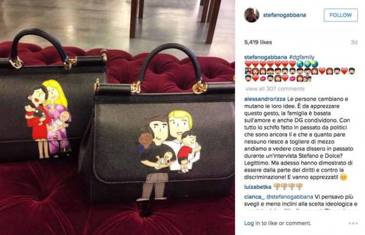 Post do estilista Stefano Gabbana em sua conta do Instagram que divulga a linha de bolsas com famílias formadas por casais homossexuais. Crédito: Reprodução/Instagram